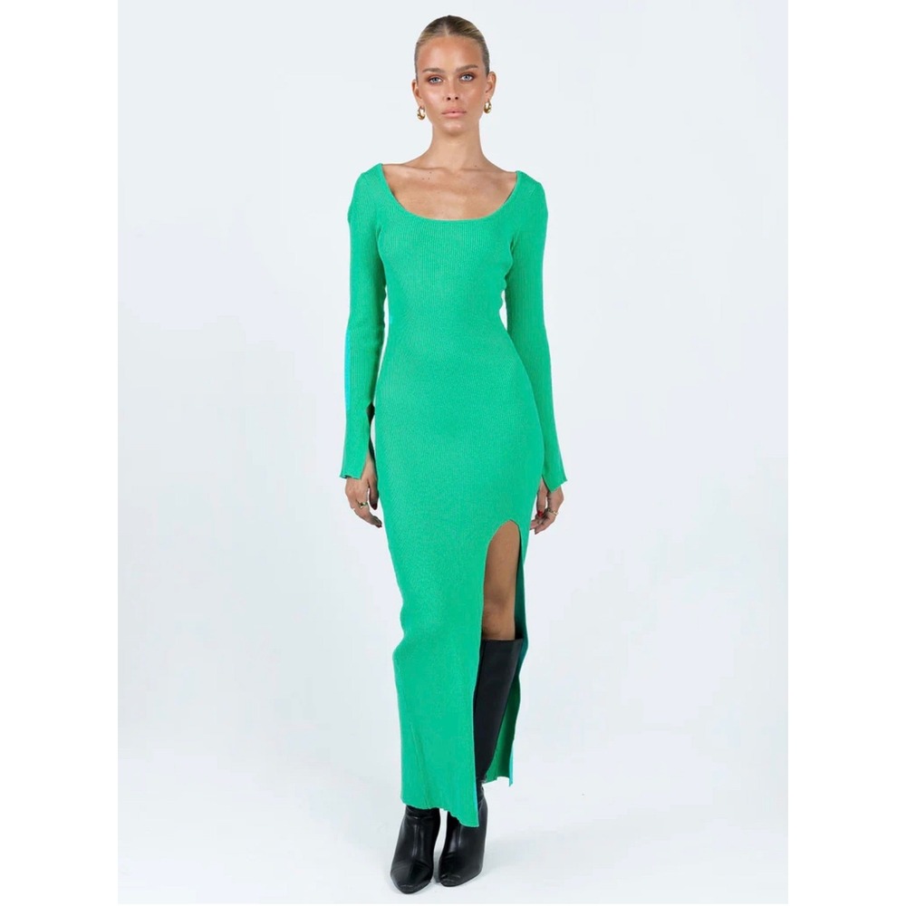 Princess Polly Long Sleeve Ribbed Maxi Sweater Dress Green Hi‎ Slit XS/S Bodycon